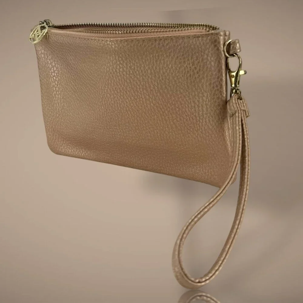 Nude Rose Gold Vegan Leather Convertible Wristlet Pouch‎